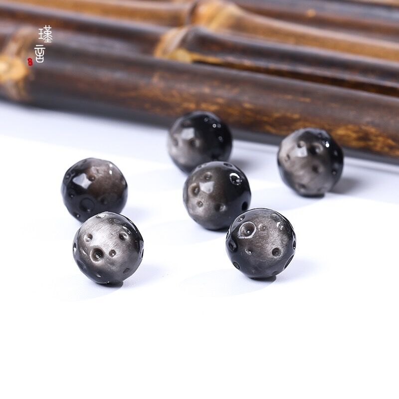 天然銀曜石隕石散珠 打磨拋光亮面銀曜隕石手鍊DIY配珠配件手串