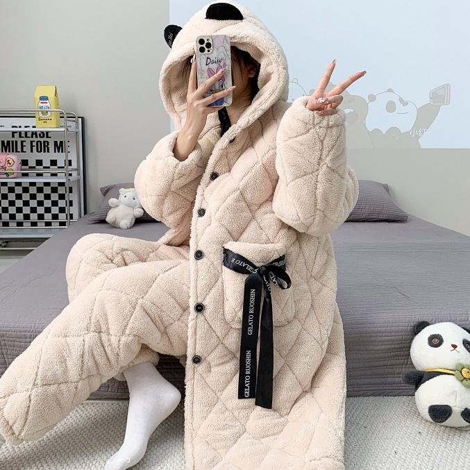 【秋冬清仓5折福利】女士长款三层夹棉上衣+绒裤套装