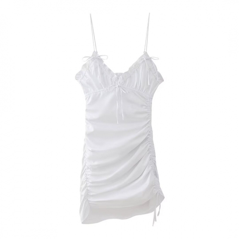 外贸2024欧美春新款时尚V领无袖白色修身褶皱吊带连衣裙女3152326