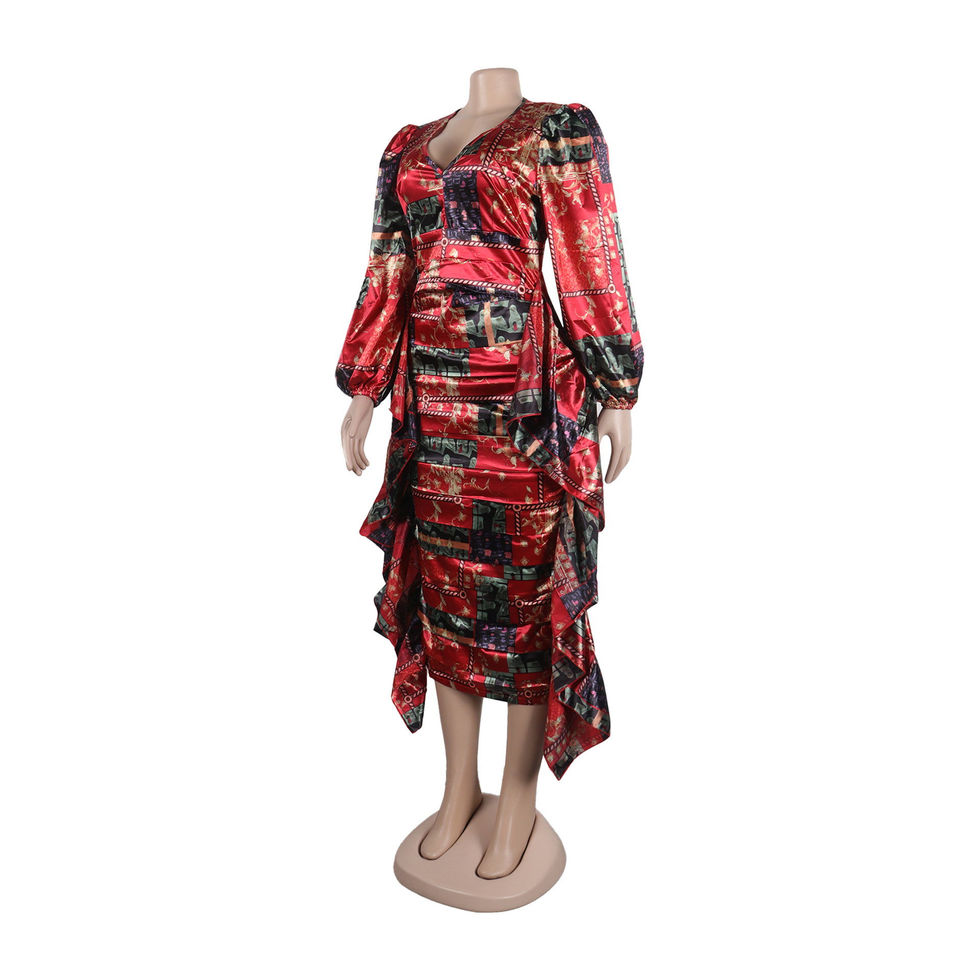 Women's Clothing Sexy Printed Ruffled Lantern Sleeve Hip Hugging Slim Fit Long Sleeve Dress_voghion.com