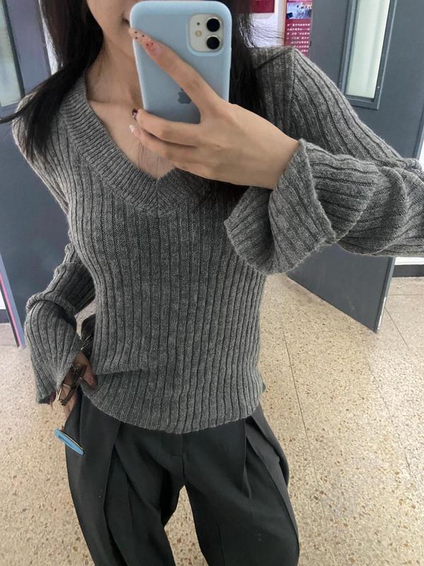 纸片人慵懒开衩袖针织打底衫女2025秋新款百搭V领显瘦长袖上衣冬|undefined