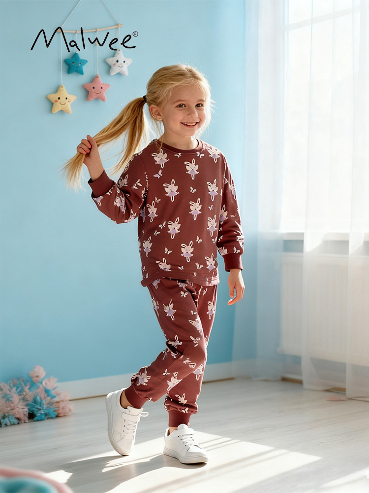 Malwee transfronterizo ropa doméstica de niñas otoño y invierno nuevo conjunto de impresión de aire para niños europeos y estadounidenses dos juegos de niños