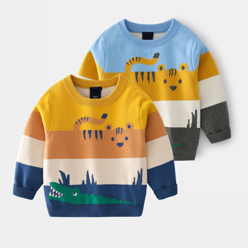 Tengyun Children's Clothing European and American Style Boys Double Layer Sweater 2024 Spring New Arrival Baby Abstract Cartoon Embroidered Wool Sweater