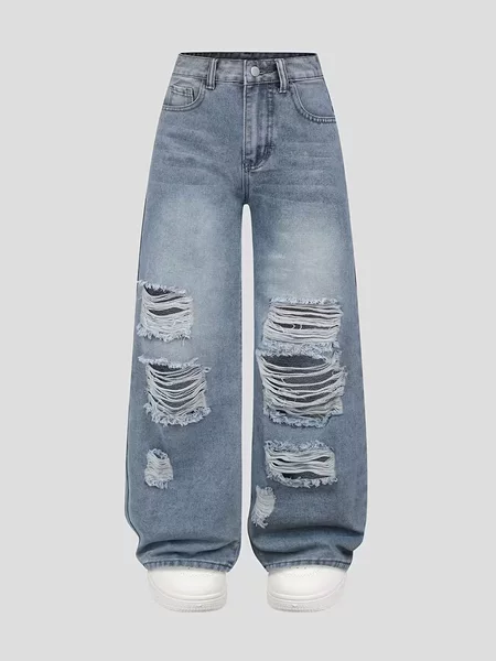Cross-Border Girls' Spring and Autumn Jeans New Style for Older Children, Loose Casual Straight-Leg Pants, Stylish Versatile Wide-Leg Pants for Kids