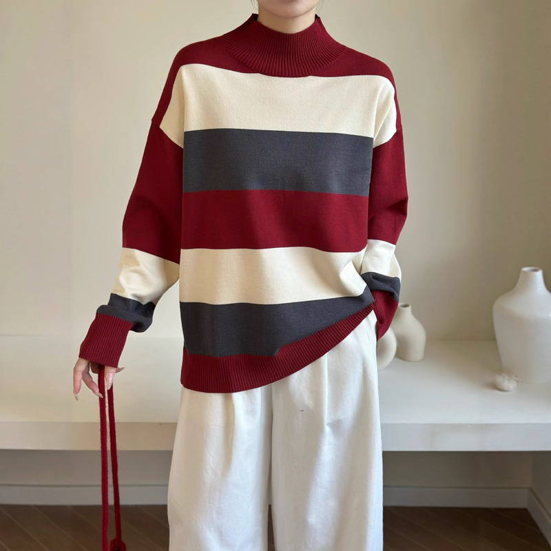 Cross-Border Foreign Trade European and American Amazon Autumn and Winter Sweater Striped Women's Clothing Contrasting Color Slimming Loose Versatile Outer Wear Bottoming Shirt