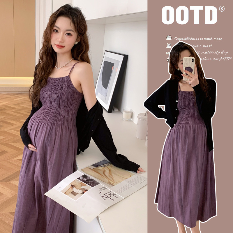 Real Shot in stock Autumn New Simple Strap Dress Black Cardigan Casual Pregnant Women Two-piece Suit