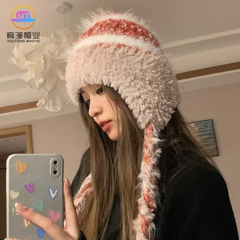 秋冬季条纹拼接毛线帽子女加绒加厚保暖护耳大头围雷锋针织帽