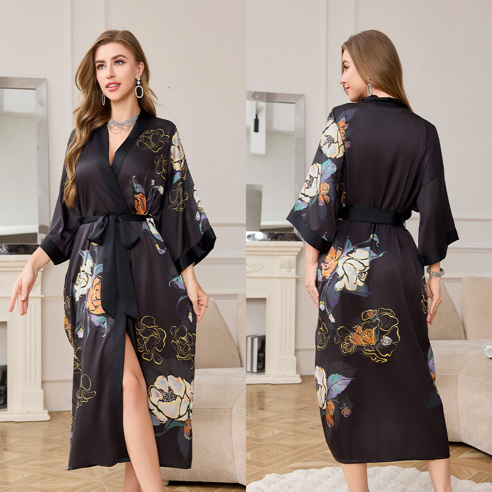 Primavera y otoño estilo de pijamas de satén mujeres primavera y otoño siete mangas de diseño de ropa de hogar de mangas largas sueltas túnicas WP3430