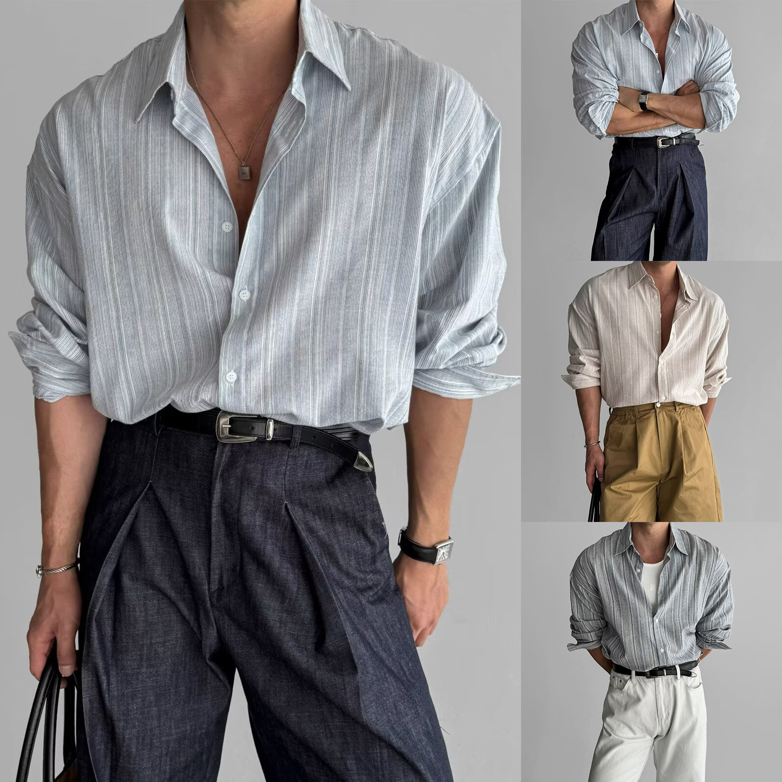 Polo Shirt Shirt Lapel Cardigan Long-Sleeved Men's Light Mature Style Stripesd Business Casual Spring Autumn Summer Export Cross-Border Wholesale