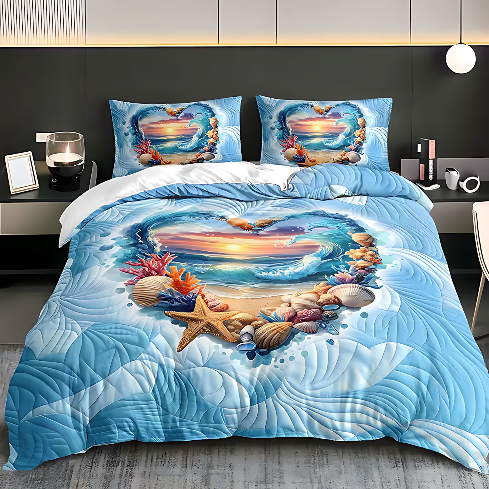 TEMU / JIT Cross-Border Abrasivo Kit de colchón amor playa impresión digital HD ropa de cama para diseñar