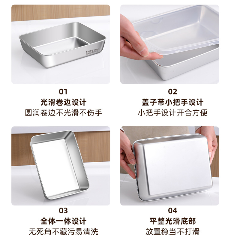 Rectangular Food Contact Tray for Food Preparation, Freezing, and Marinating, with Lid, Stainless Steel Towel Tray for Stall Use
