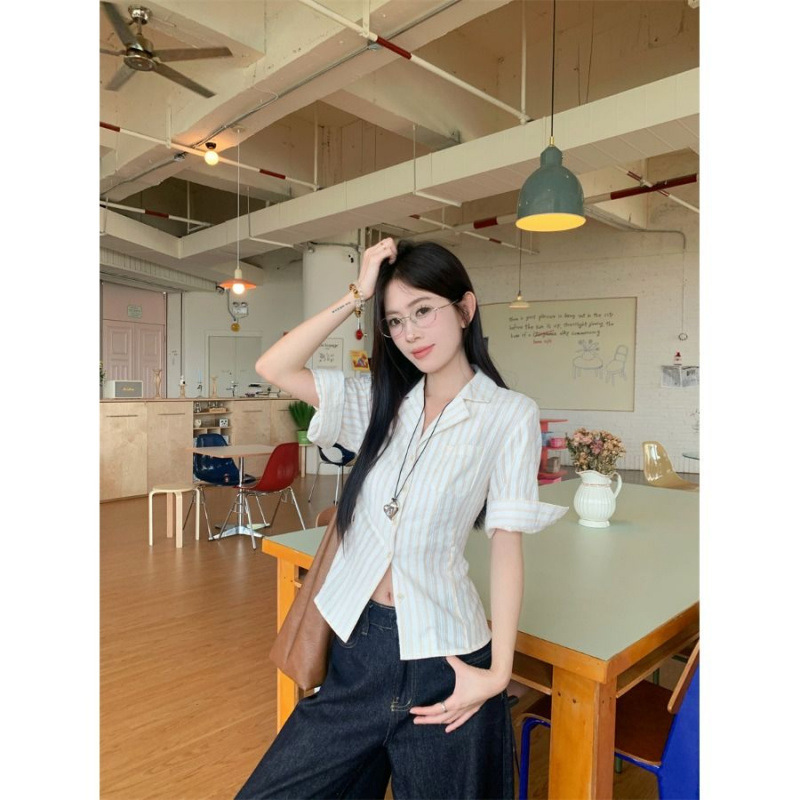 Unique Style Color-Block Striped Light Mature Mid-Sleeve V-Neck Women's Summer Slim-Fit Shirt Blouse