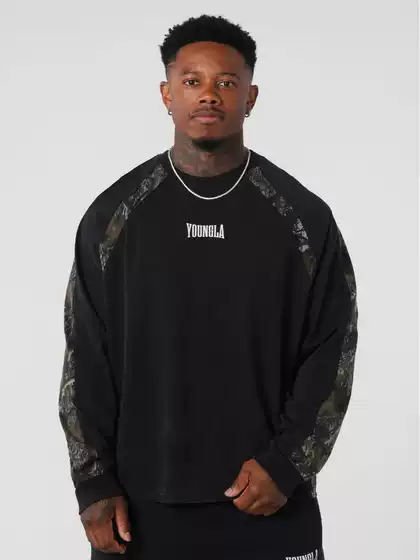 YOUNGLA Men's Fashion Long Sleeve Tee Crew Neck Gym Athletic Training Camo Paneled Undershirt