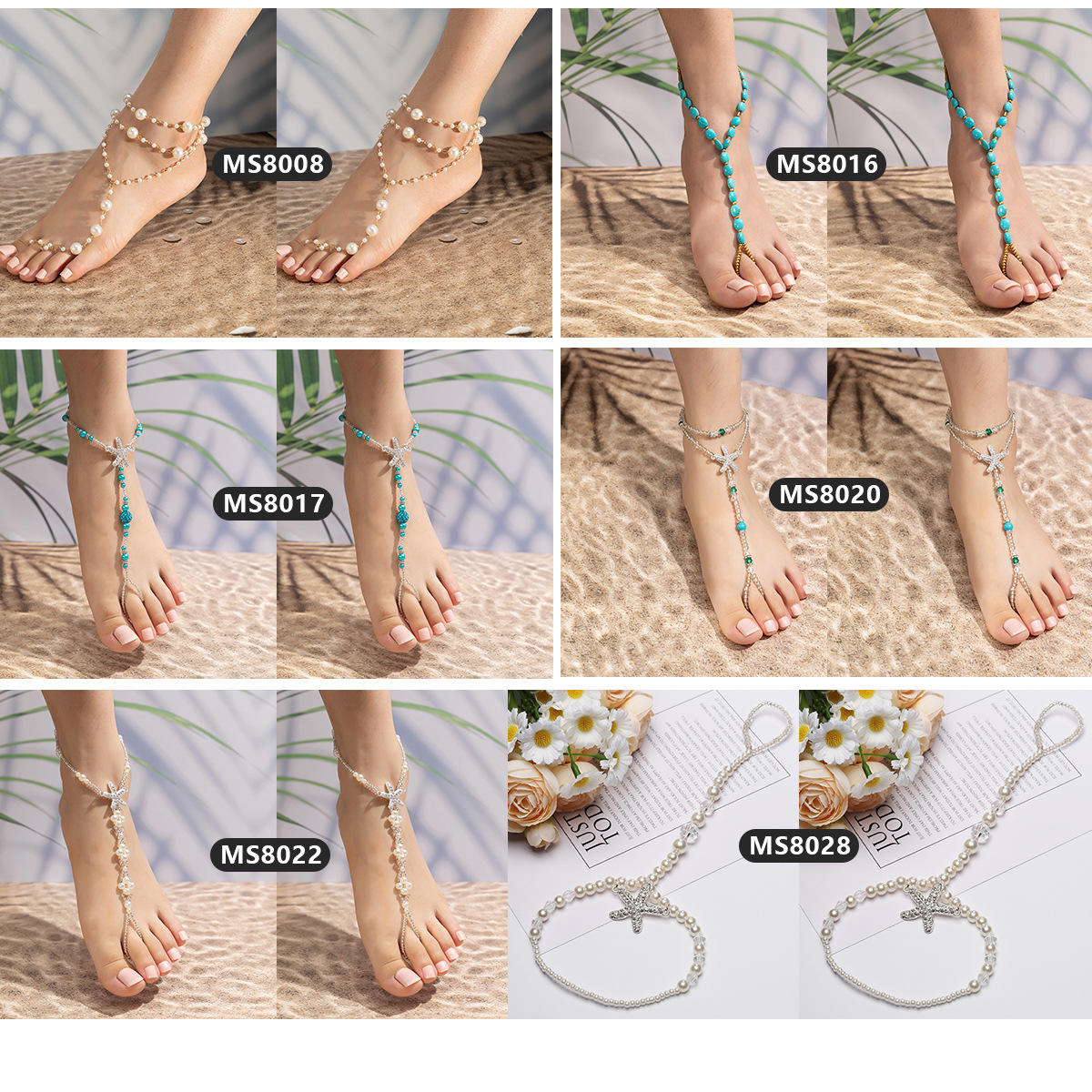 Cuerda elástica de perlas de imitación europea y americana con tobillera Diamante Estrella de mar con cuentas Adornos de pie de diamantes de imitación Conjunto de turquesa azul