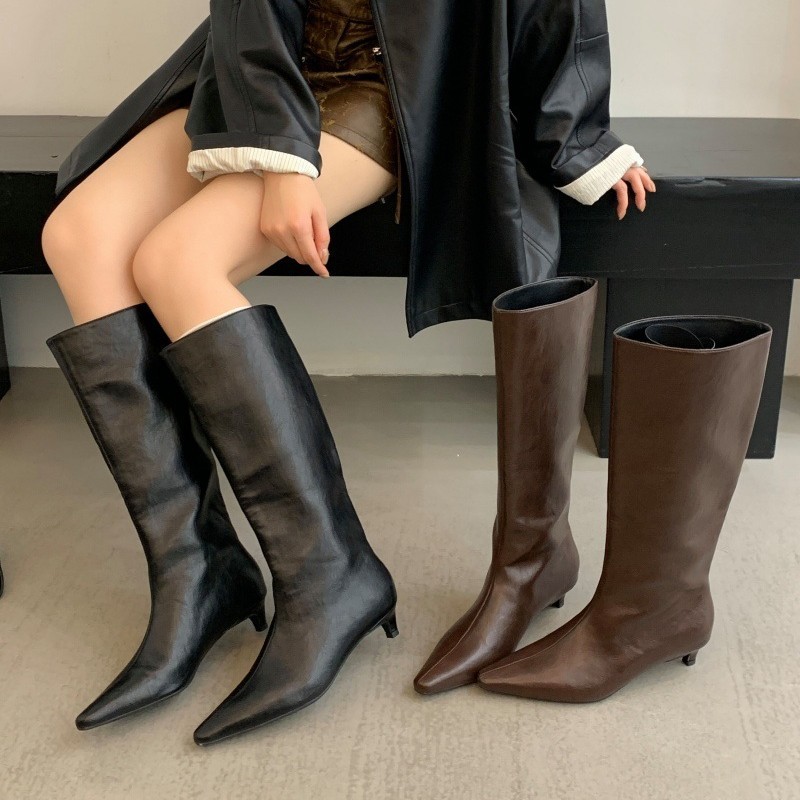 2025秋季新款尖头细跟骑士靴简约百搭中跟长筒靴欧美气质高筒靴女