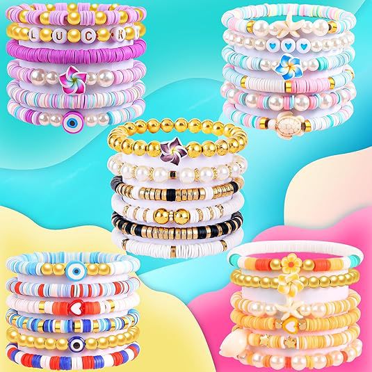 6 Pct Clay Bead Bracelet Cute Bracelet Jewelry Set Colorful Pearl Beaded Elastic Bracelet for Women