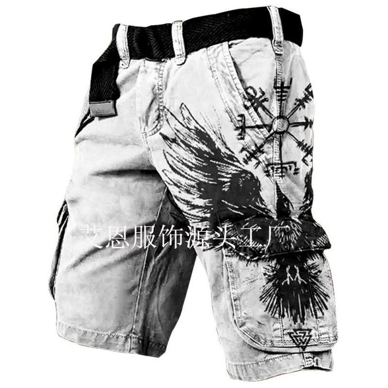 New trendy digital print retro workwear shorts for men from European and American independent brands, casual fashion shorts without a belt