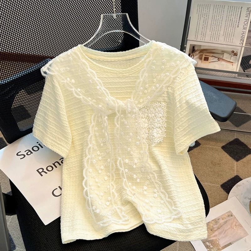 Design-Inspired Lace Shawl Fake Two-Piece Short-Sleeve T-Shirt for Women, Summer 2026 New Japanese Niche Style Unique Top Design-Inspired Lace Shawl Fake Two-Piece Short-Sleeve T-Shirt for Women, Summer 2026 New Japanese Niche Style Unique Top