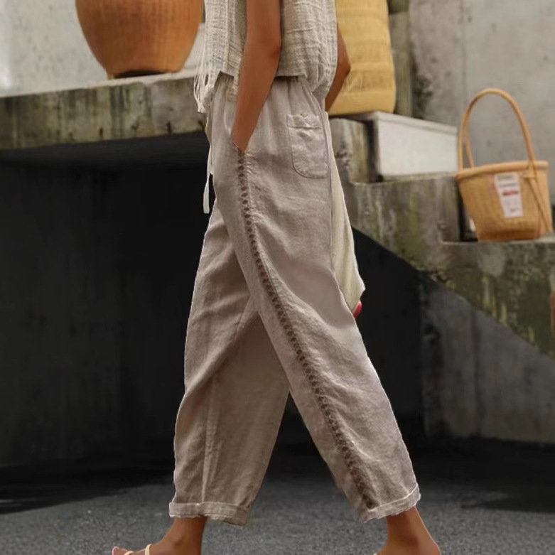 2026 Spring/Summer Casual Nine-Point Pants for Women, Cross-Border European and American Amazon Fashion Solid Color Patchwork Hollow Out Straight-Leg Casual Pants