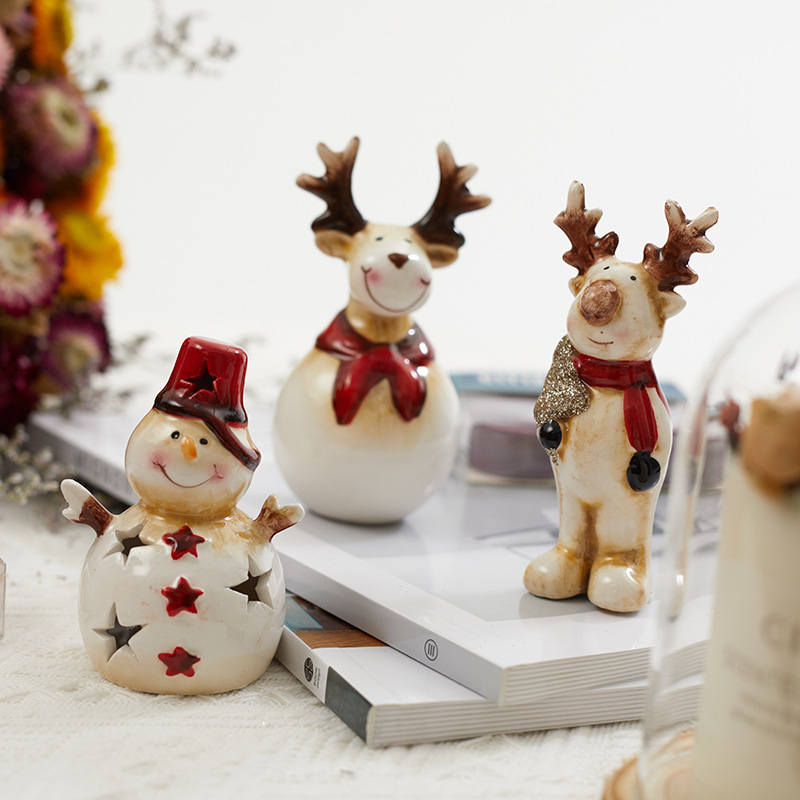 Nuevos productos transfronterizos de Navidad cerámica retro decoración de nieve hombre viejo alce escritorio con luces decorativas regalos