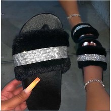 成年新款水钻毛毛拖鞋女平跟居家大码女凉拖平跟厚底松糕底一字拖