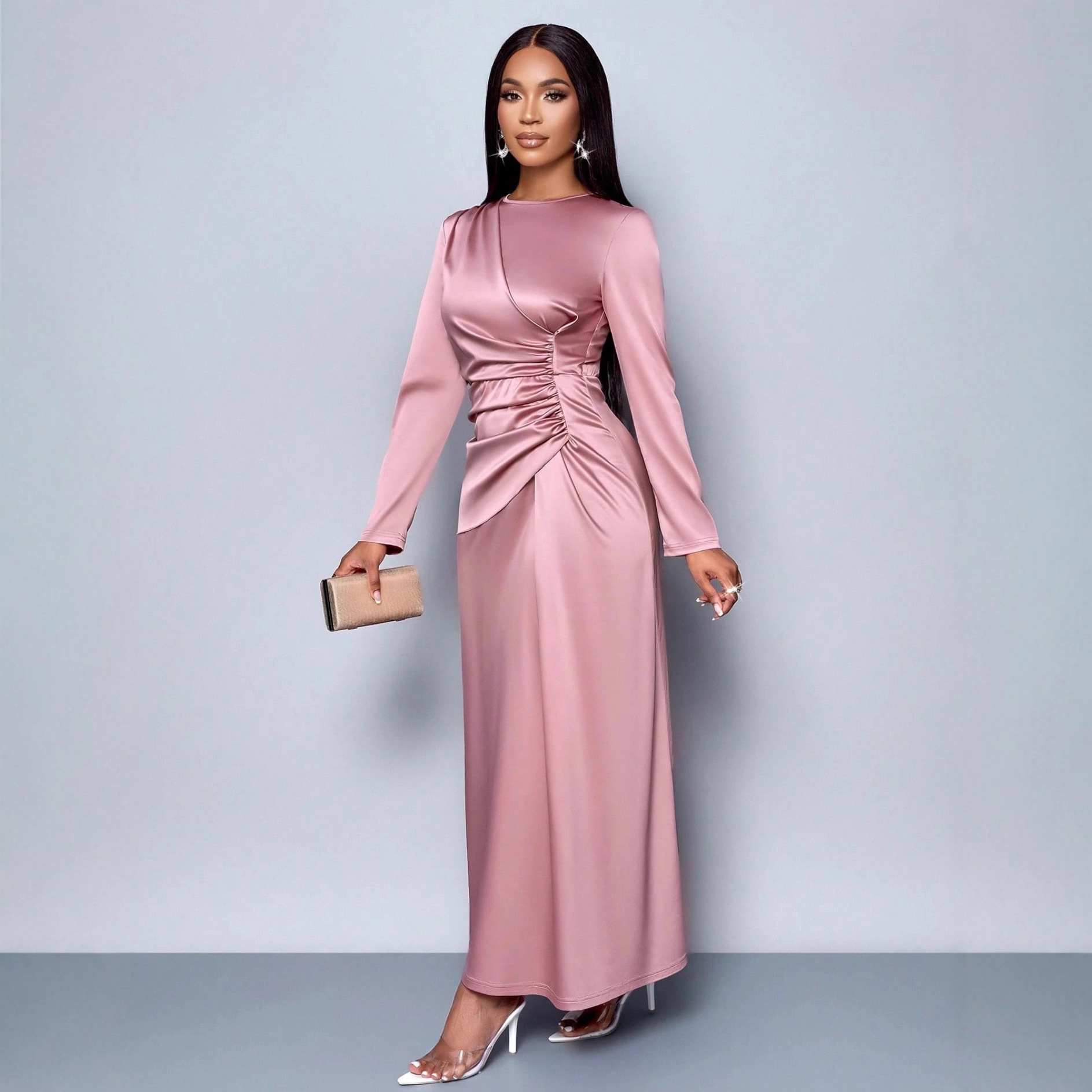 European and American Cross-Border Export 2025 New Pure Color High-End Satin Dress Fashionable and Elegant Light Evening Dress