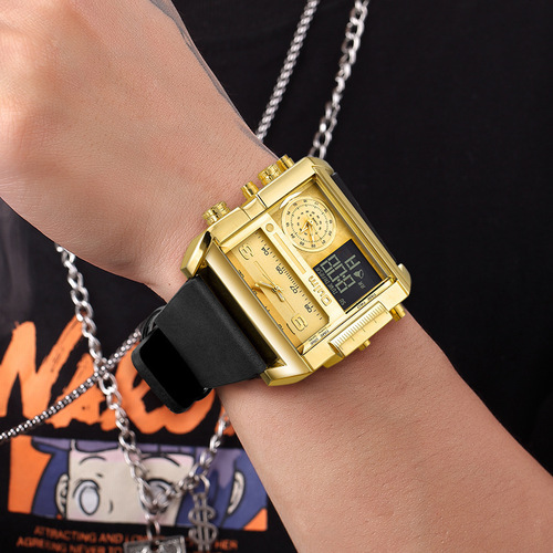 Oulm large dial hot selling shape waterproof sports men's watch gold multi-functional belt men's casual electronic watch