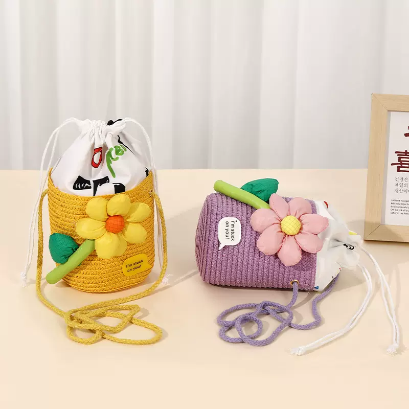 儿童包包女可爱水桶手机斜挎小包花朵编织草编包田园风海边旅游包