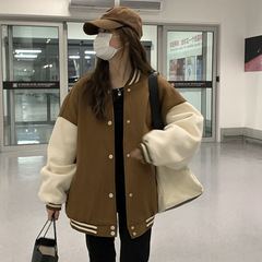 アメリカンレトロ風、裏起毛・厚手、ハイストリート系の野球ユニフォーム風ジャケット。男女兼用、カレッジスタイル、韓国風、個性的でスタイリッシュなトレンドジャケット。
