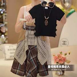 女童套装2025夏季新款儿童短袖洋气半身裙拼接格子时髦两件套代发
