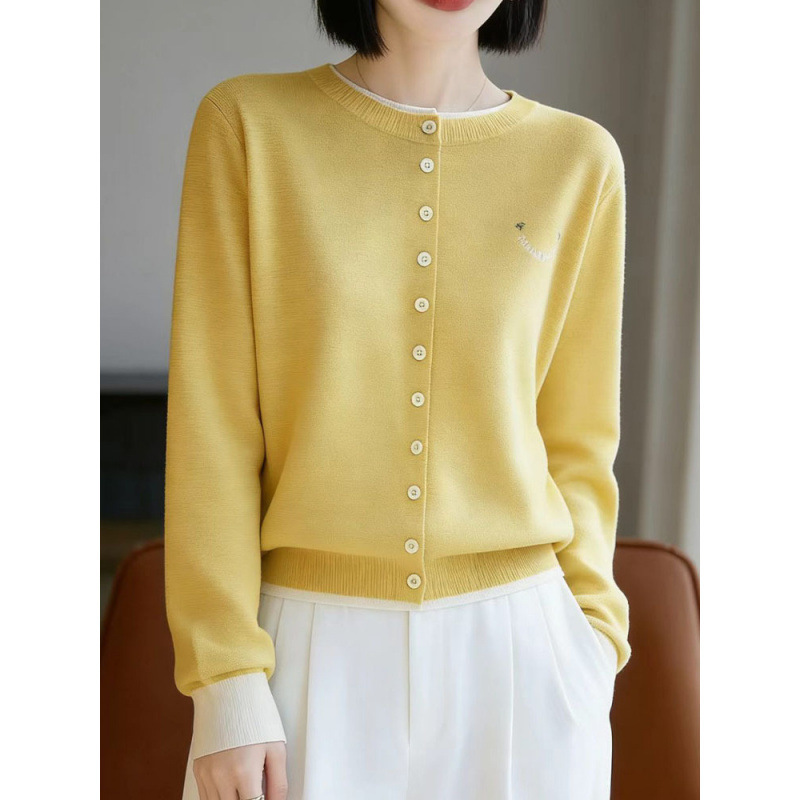 Spring and Summer New Women's Round-Neck Knitted Cardigan with Color-Blocking and Smiley Face Embroidery Design, Faux Two-Piece Simple Casual Top