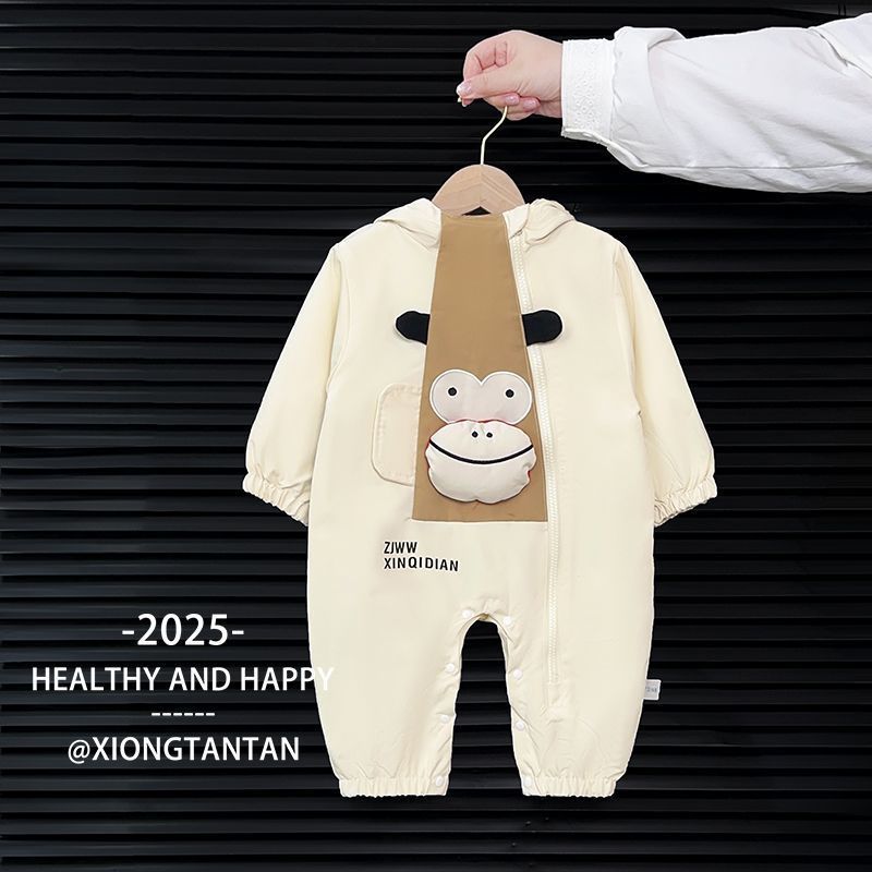 婴儿连体衣秋款冲锋衣宝宝哈衣卡通外出服长袖双层韩版时尚爬爬服