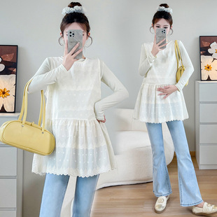 Pregnant Women's Spring and Autumn Fashion Mom's Korean Style Wear Lace Embroidered Vest Mid-length Gentle and Sweet Stacked Age-reducing suit
