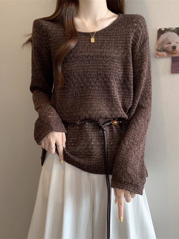 美拉德咖色薄款长袖毛衣女早秋2025新款大码胖mm收腰针织上衣|undefined
