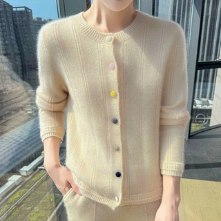 山羊绒衫秋冬新款女式宽松圆领加厚彩扣纯色打底针织开衫毛衣跨境