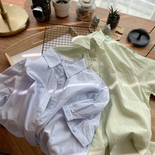 韩系纯色后背开衫设计短袖衬衫2024夏新款休闲宽松Polo领短袖上衣