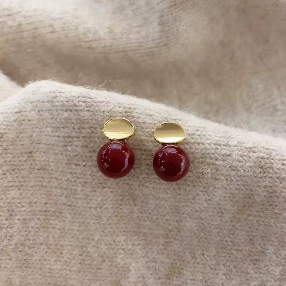 法式复古安可拉红色树脂珍珠耳饰秋冬港风高级感耳环s925银针