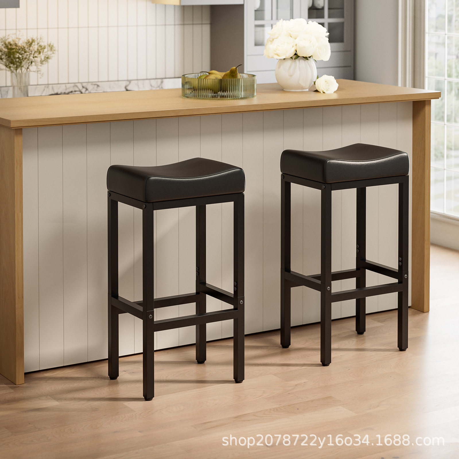 Bar KTV bar chair, bar stool, high stool, pure black retro saddle stool, PU leather bar stool with metal base