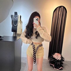 韩魅儿领带工装短裤女夏季新款韩版高腰显瘦设计感包臀短热裤7109