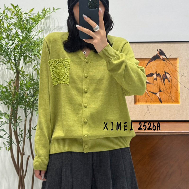 秋季新品V领针织开衫洋气蕾丝贴布上衣女宽松长袖外套|undefined