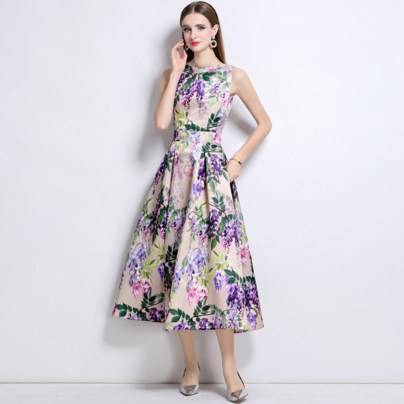 Đầm maxi nữ không tay xòe rộng chít eo in hoa cao cấp mùa hè — 6506 màu hoa, 6505 màu hoa, 6504 màu hoa, 6509 màu hoa