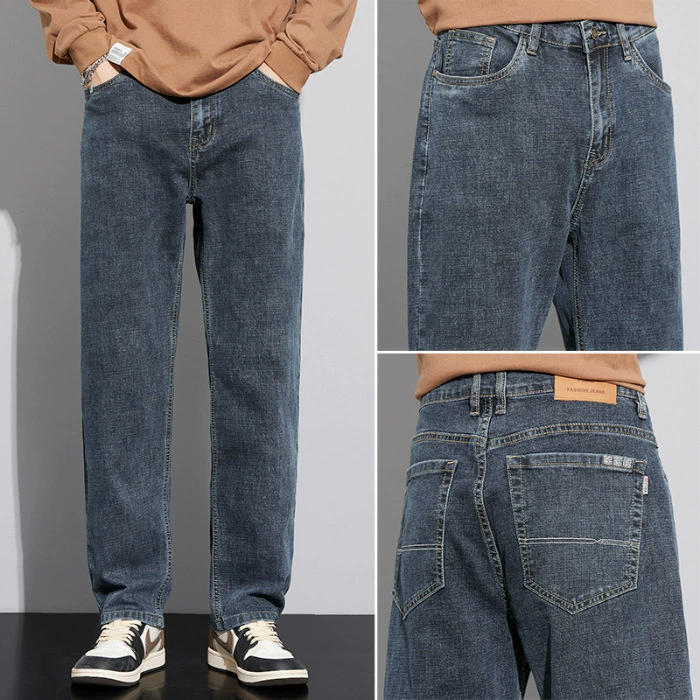 Elite demi-season loose straight jeans, blue casual trousers for leisure, loose fit, autumn