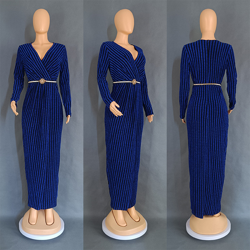 Women's Sheath Dress Vintage Style V Neck Long Sleeve Stripe Maxi Long Dress Daily display picture 2