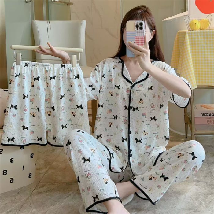 Pijamas de algodón de nube Cárdigan de tres piezas de verano para mujer Pantalones cortos de manga corta Pantalones cortos Dulce transmisión en vivo Paquete de servicio a domicilio Orden exterior