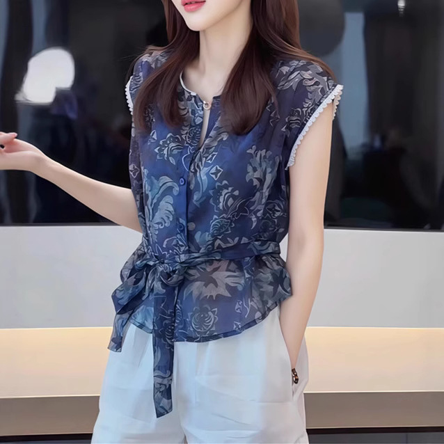 2025 夏の新ファッション中国風プリントシャツ女性のための西洋スタイル中国風カジュアルシャツユニークで美しいフライングスリーブ|undefined
