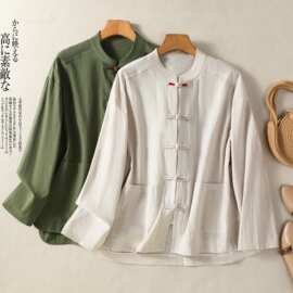 新款2026春季新中式复古禅意茶服宽松休闲色盘扣口袋圆领绿色