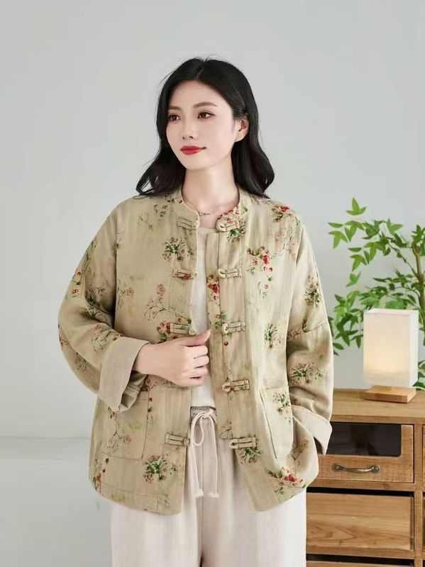 古咖服饰复古印花盘扣外套女式秋季立领宽松休闲时尚气质茶服开衫|undefined