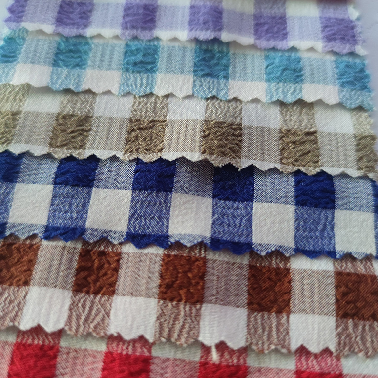 紫绿色涤纶弹力泡泡绉布色织格子面料春夏女装童装糖果色格子面料