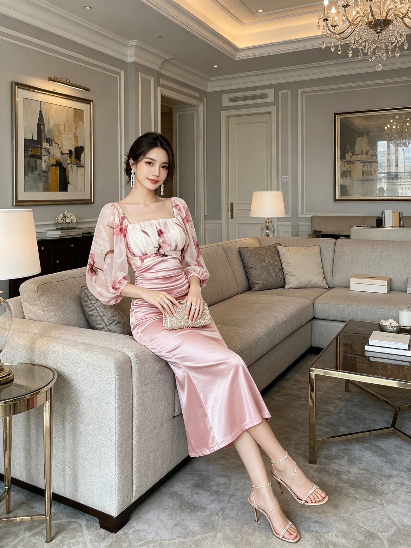 Đầm ôm body nữ in họa tiết hoa, tay ngắn, phối ren eo, chân váy đuôi cá — màu hồng