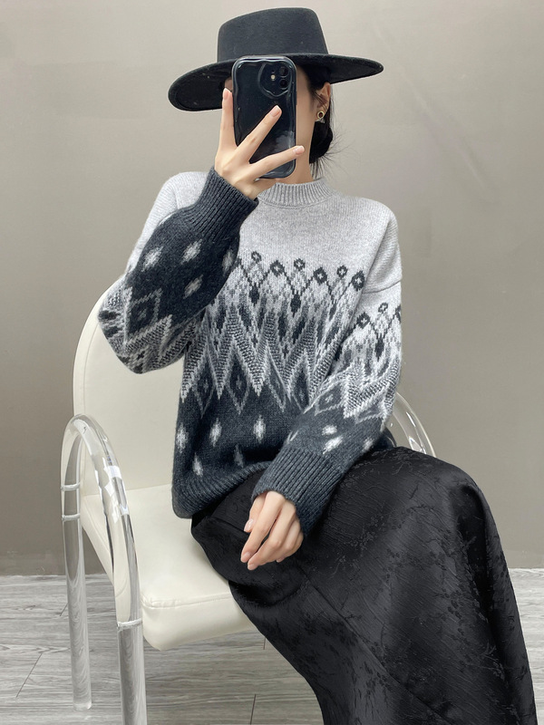 费尔岛圆领山羊绒女针织复古提花毛衣秋冬宽松显瘦羊毛针织衫上衣|undefined